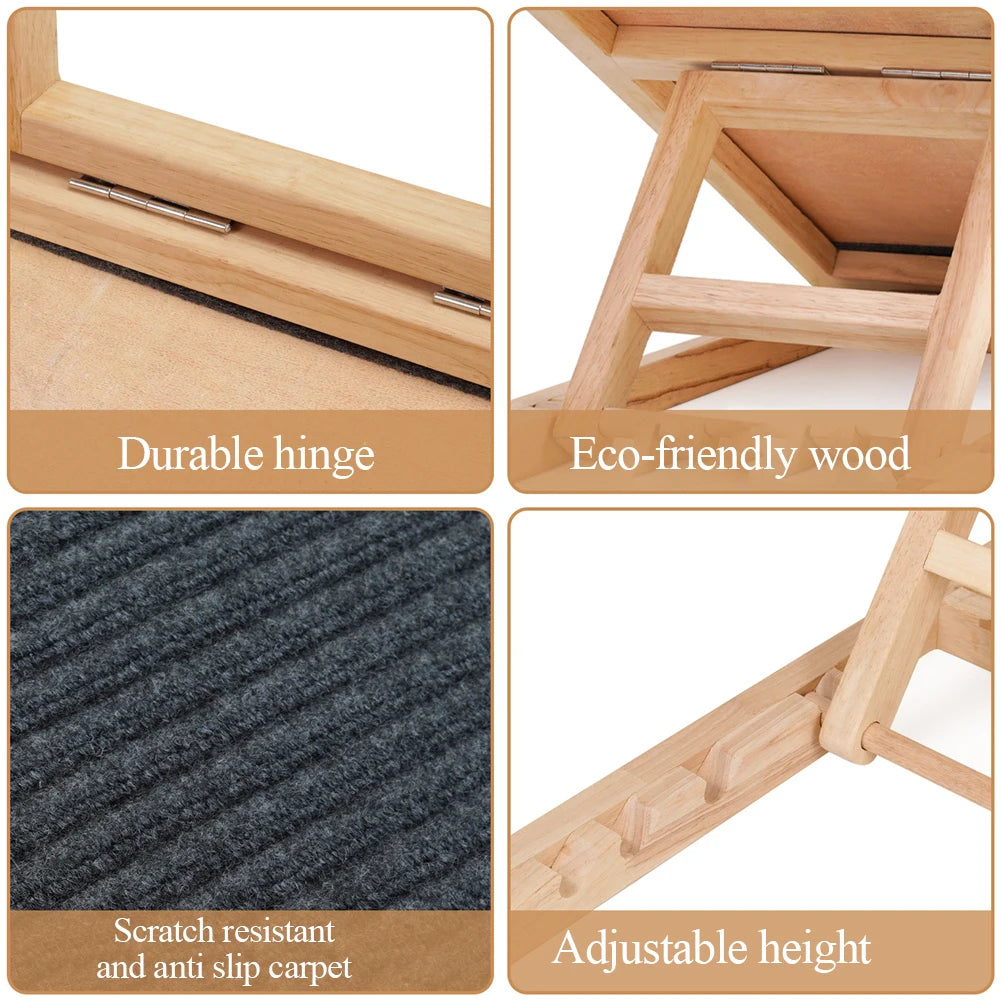 Pet Dog Ramp Ladder Natural Pine Wooden Lightweight Folding Anti-skid Adjustable 2 Height Climbing Ladder