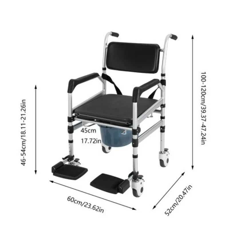 Shower Wheelchair 3 in 1 Foldable Height Adjustable With Flip Up Footrests