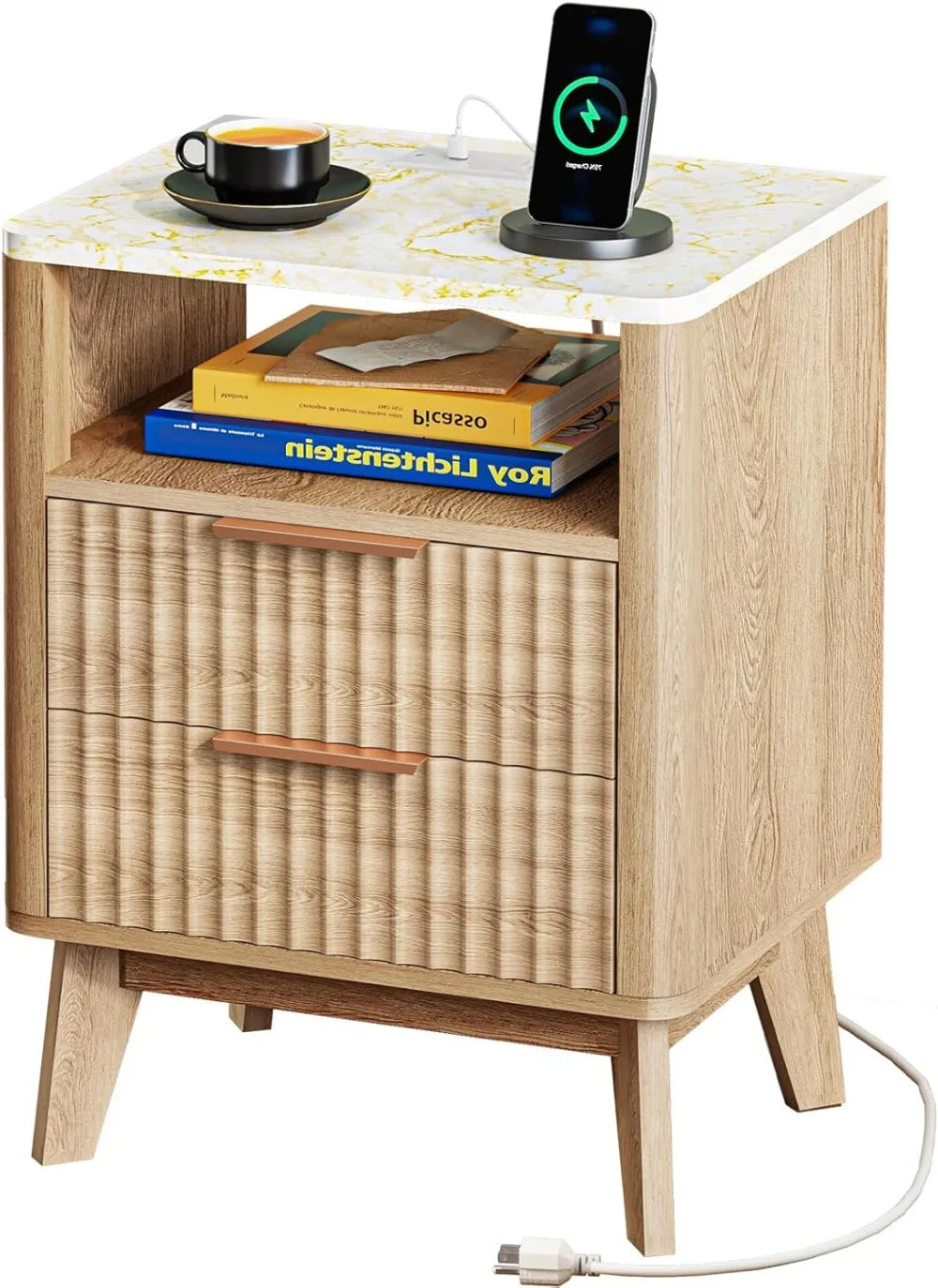 Fluted Nightstand With Charging Station Faux Marble Top Bedside Table