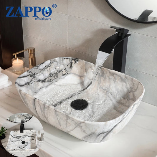 Torayvino Ceramic Vessel Sink Set With Marble Pattern Faucet