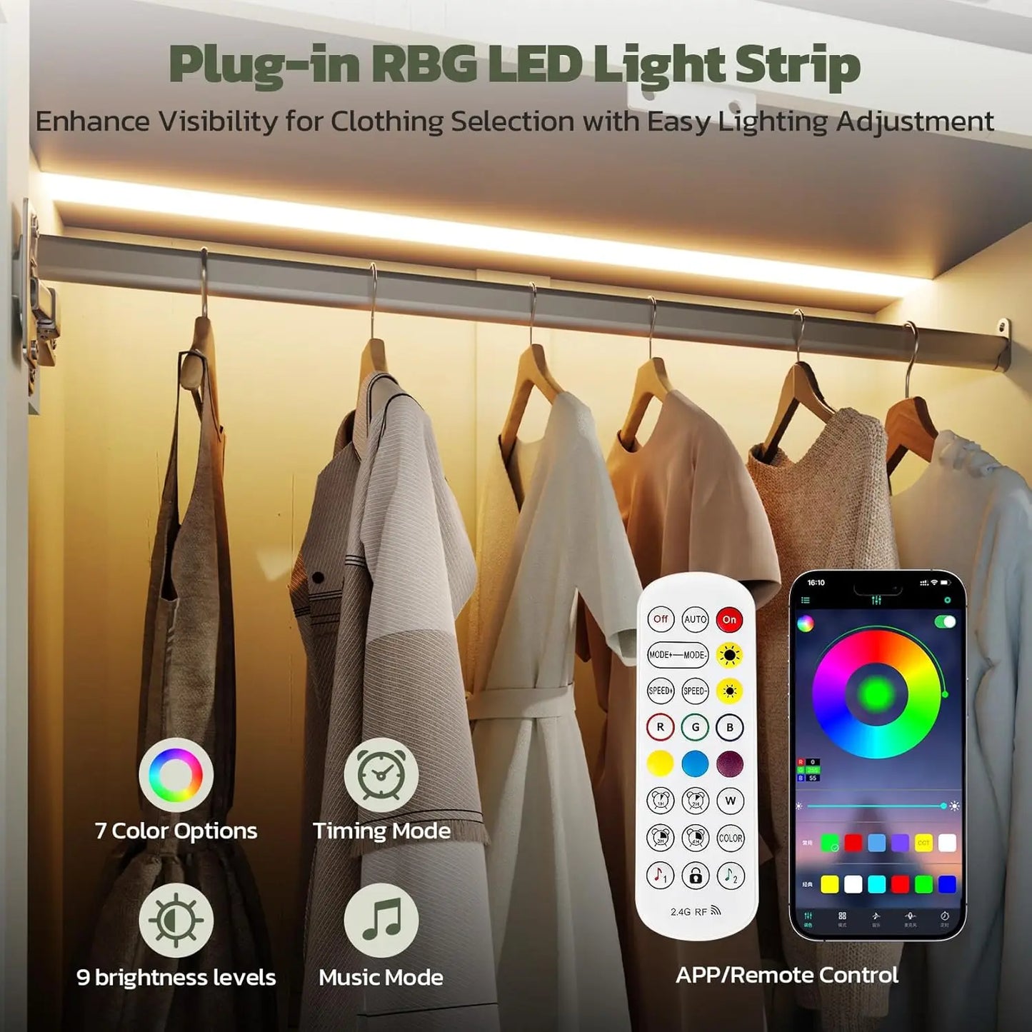 Farmhouse Armoire Wardrobe With LED Light Bedroom Storage Cabinet