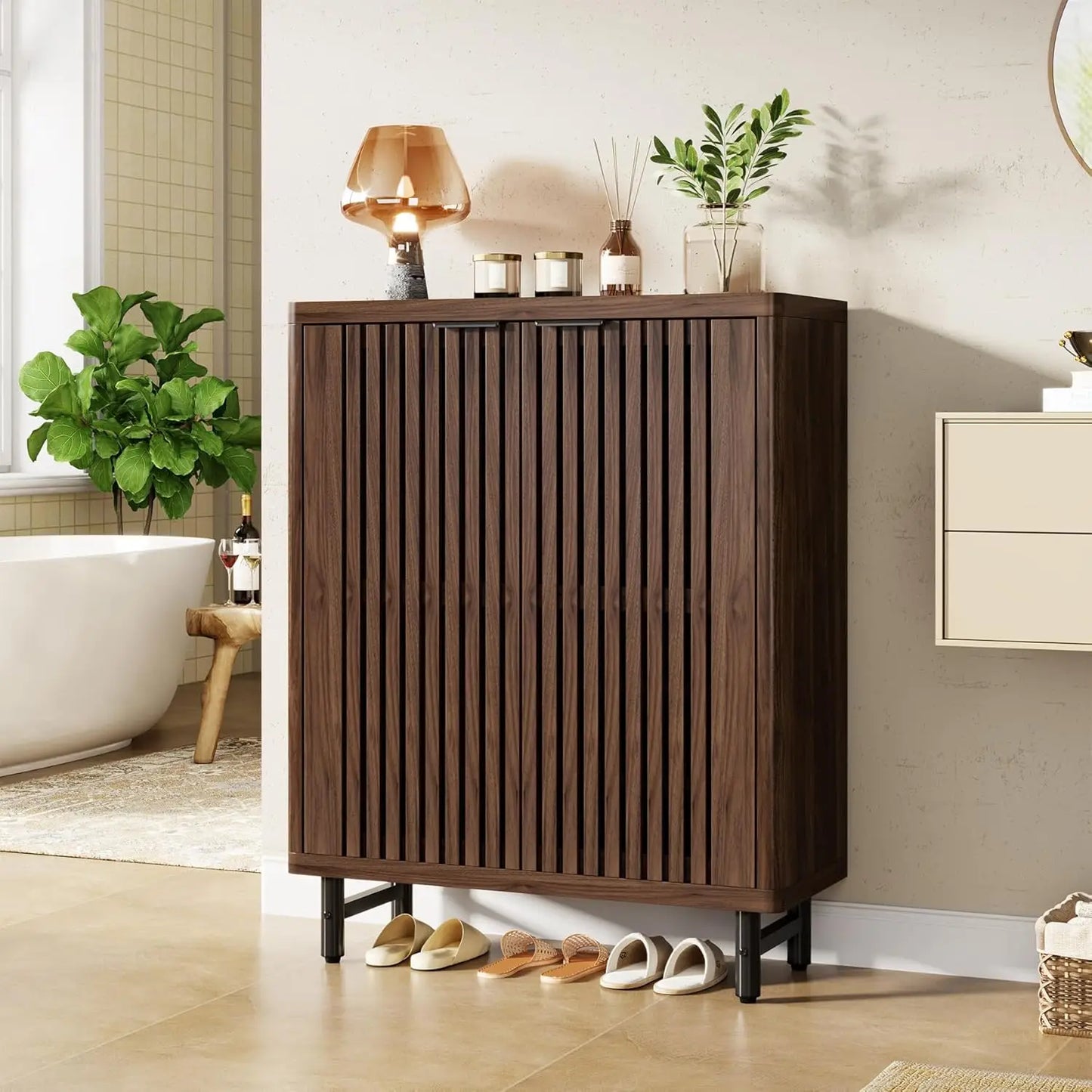 Six-Tier Wooden Bathroom Floor Cabinet With Louver Doors