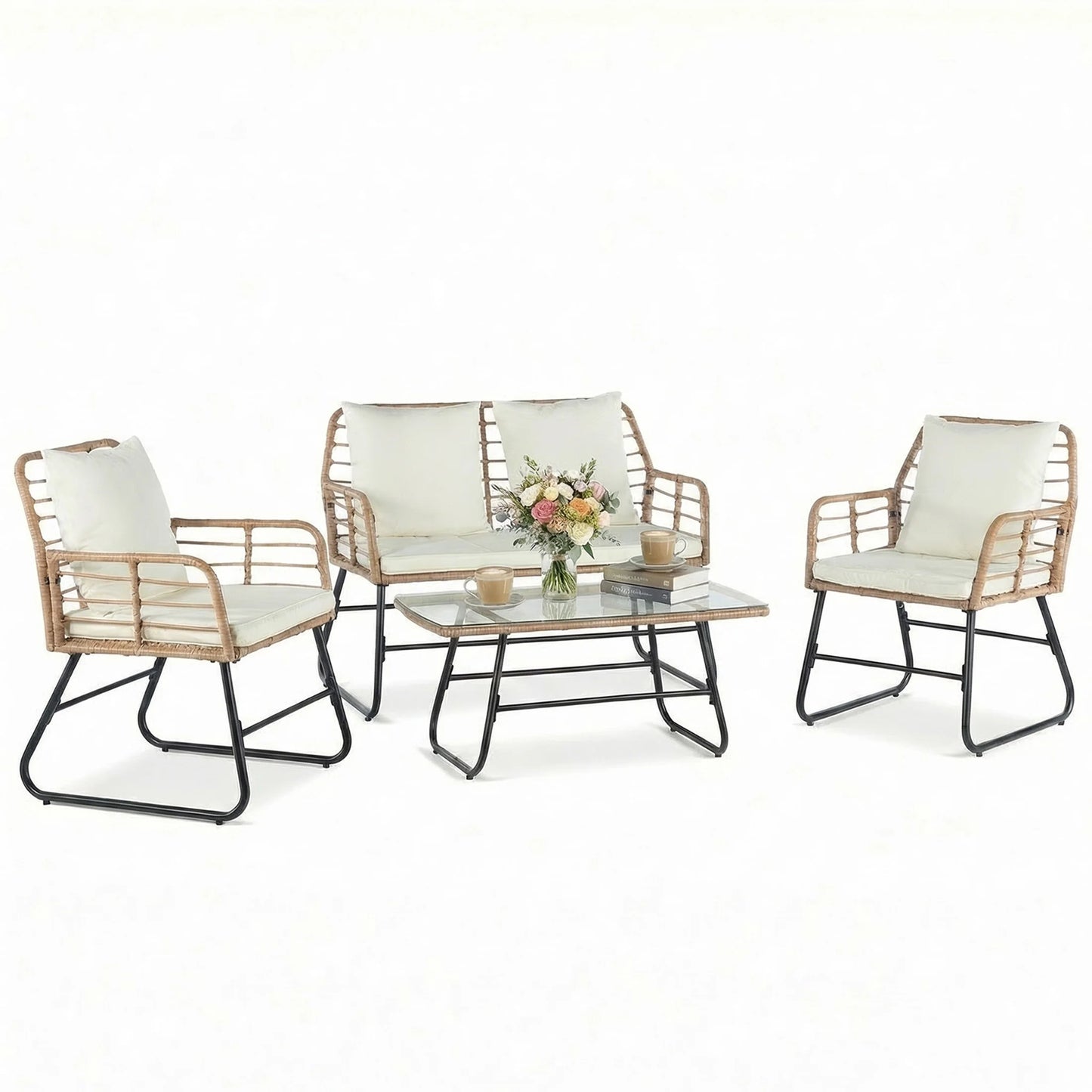JHK Outdoor Wicker Patio Furniture Set Four Piece Glass Table