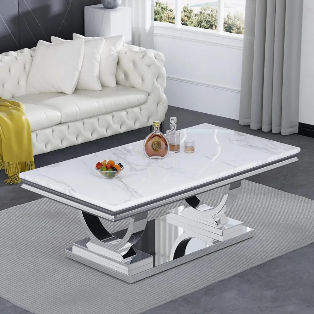 Modern Faux Marble Coffee Table With Silver Mirrored Finish