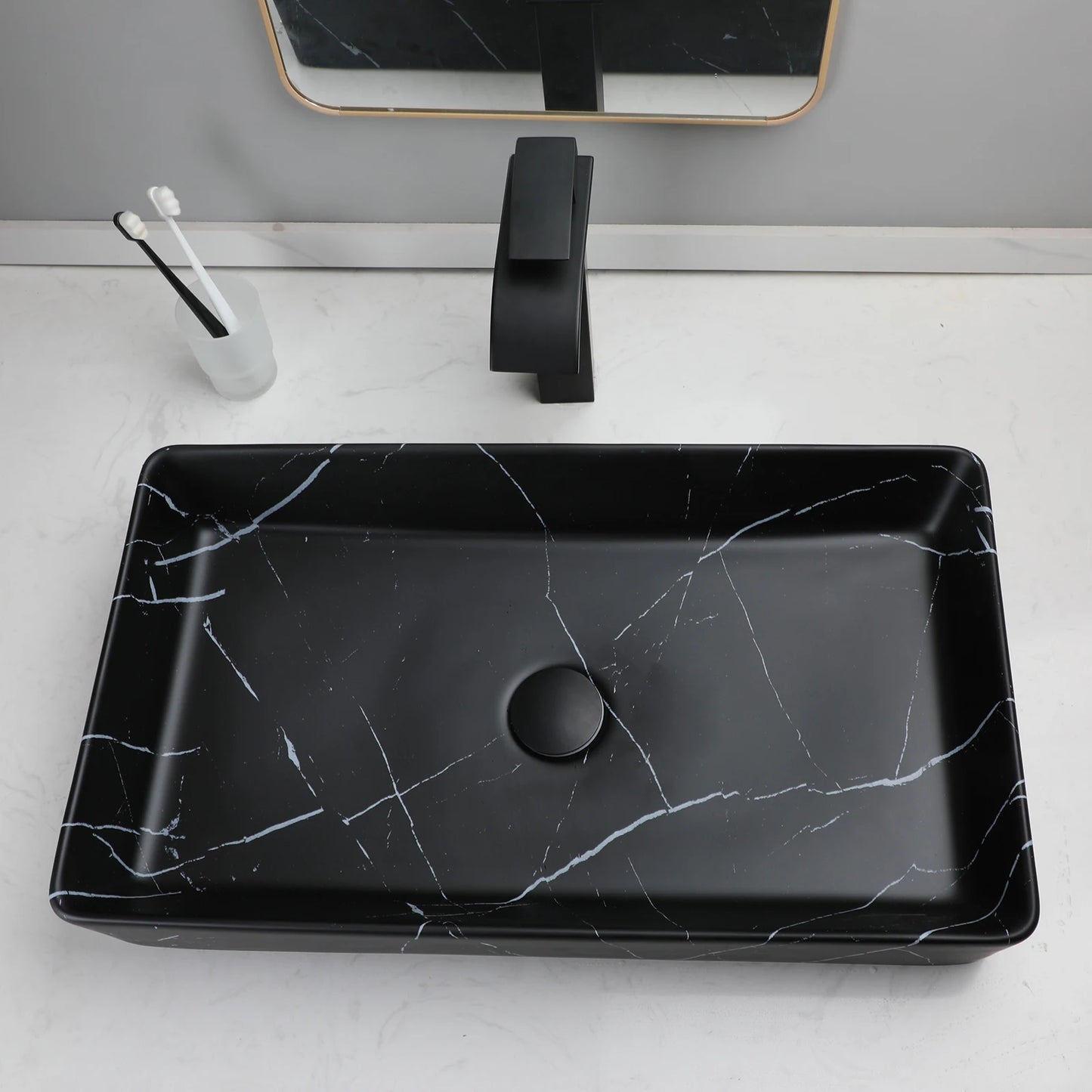 KEMAIDI Rectangular Marble Vanity Vessel Sink Above Counter Bathroom Faucet Set