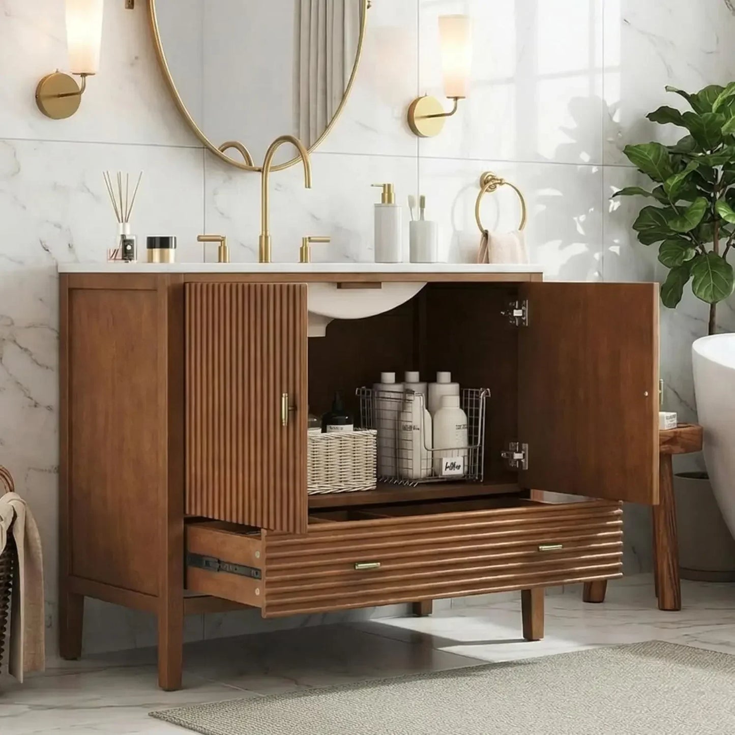 Mid-Century Walnut Bathroom Vanity With Ceramic Sink And Soft-Close