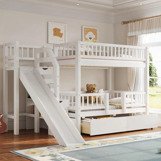 Twin Over Twin Bunk Bed With Slide And Storage Drawers