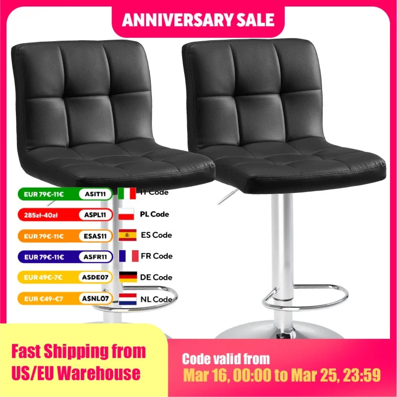 JHK PU Leather Bar Stools Set of 2, Cushioned Back