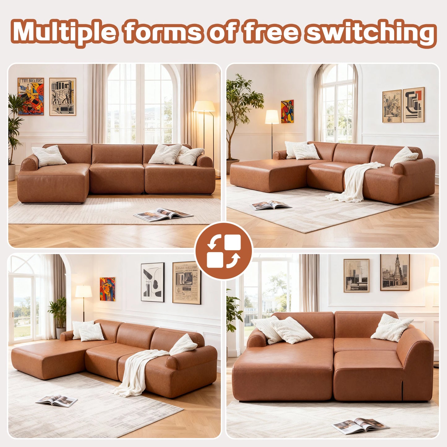 L-Shaped Modular Leather Sofa for Large Spaces Featuring Deep Seats