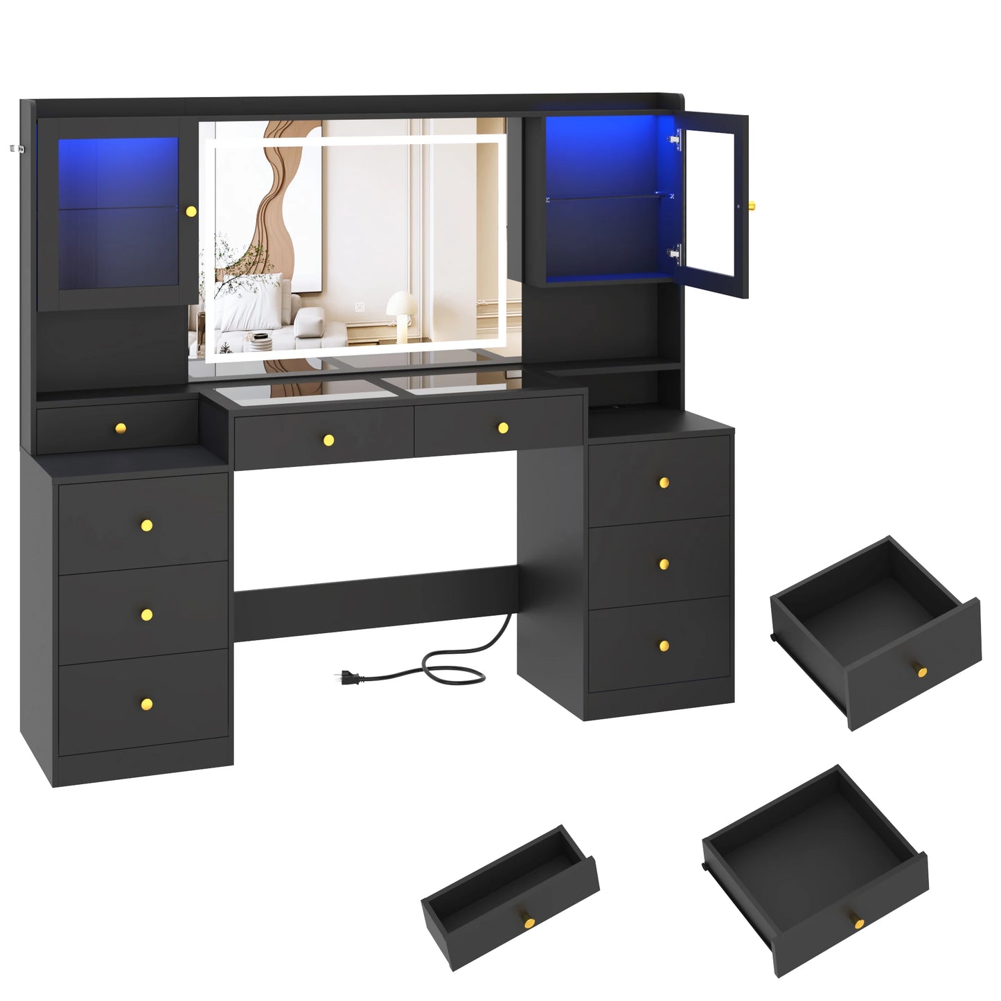 QiaoShiRen Vanity Desk With Mirror, Lights, And Charging Station