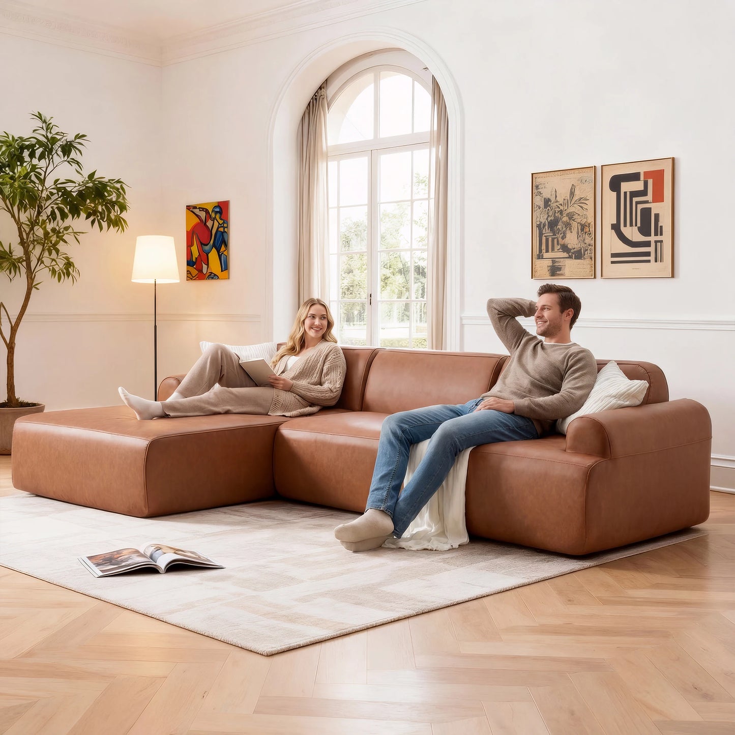 L-Shaped Modular Leather Sofa for Large Spaces Featuring Deep Seats