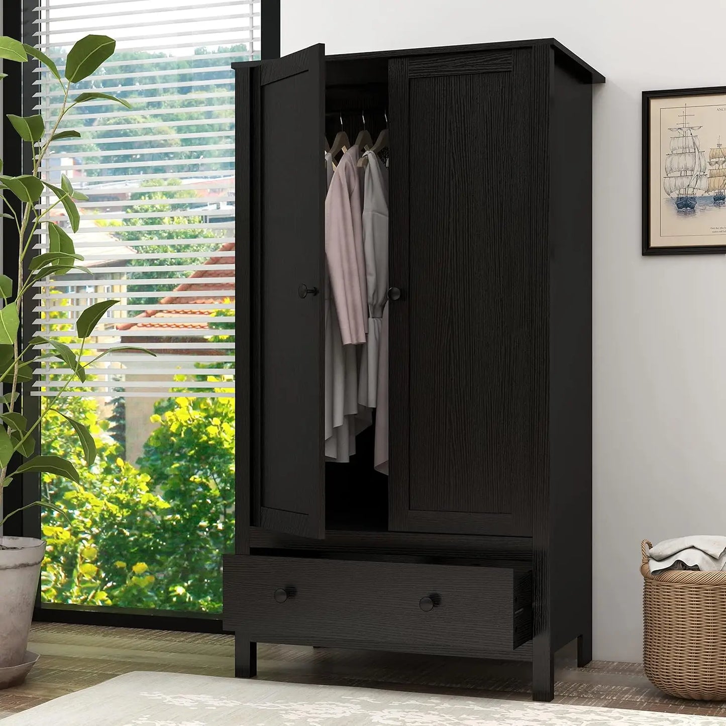 Modern Wardrobe Armoire With Drawer For Bedroom Storage