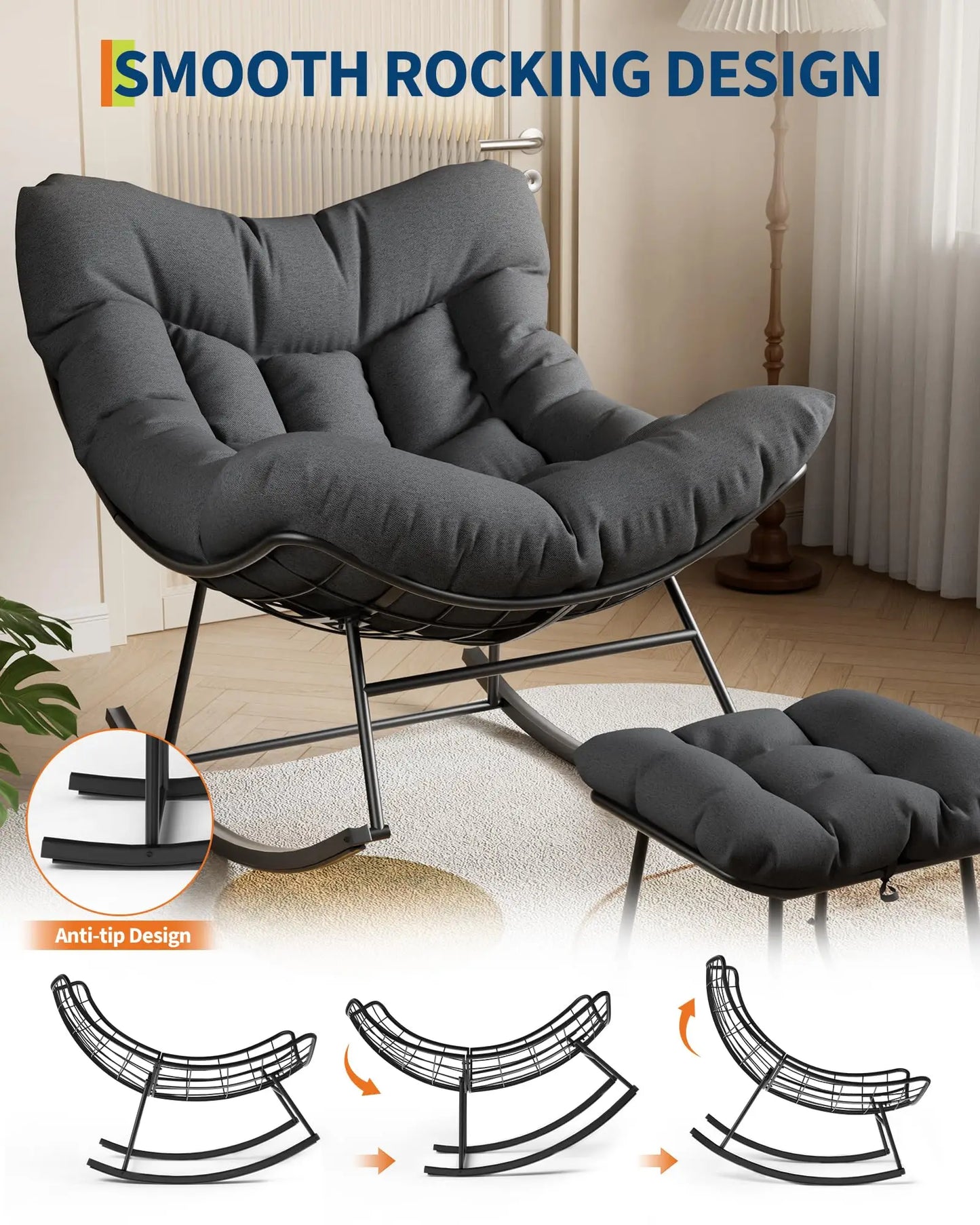 HiMISS Papasan Rocking Chair With Ottoman Outdoor Egg Rocker
