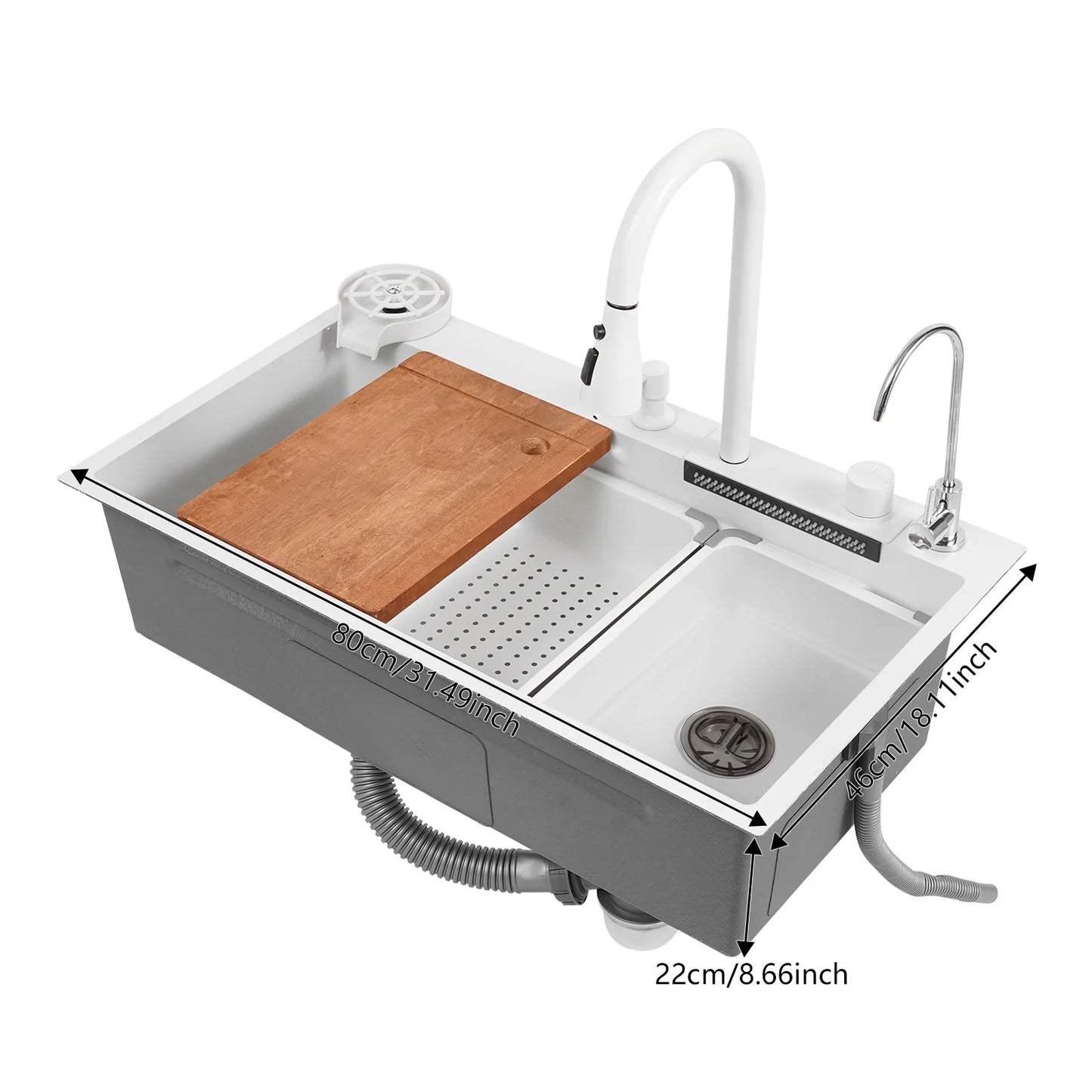 Bymaocar Drop In Waterfall Kitchen Sink Stainless Steel Glass Rinser