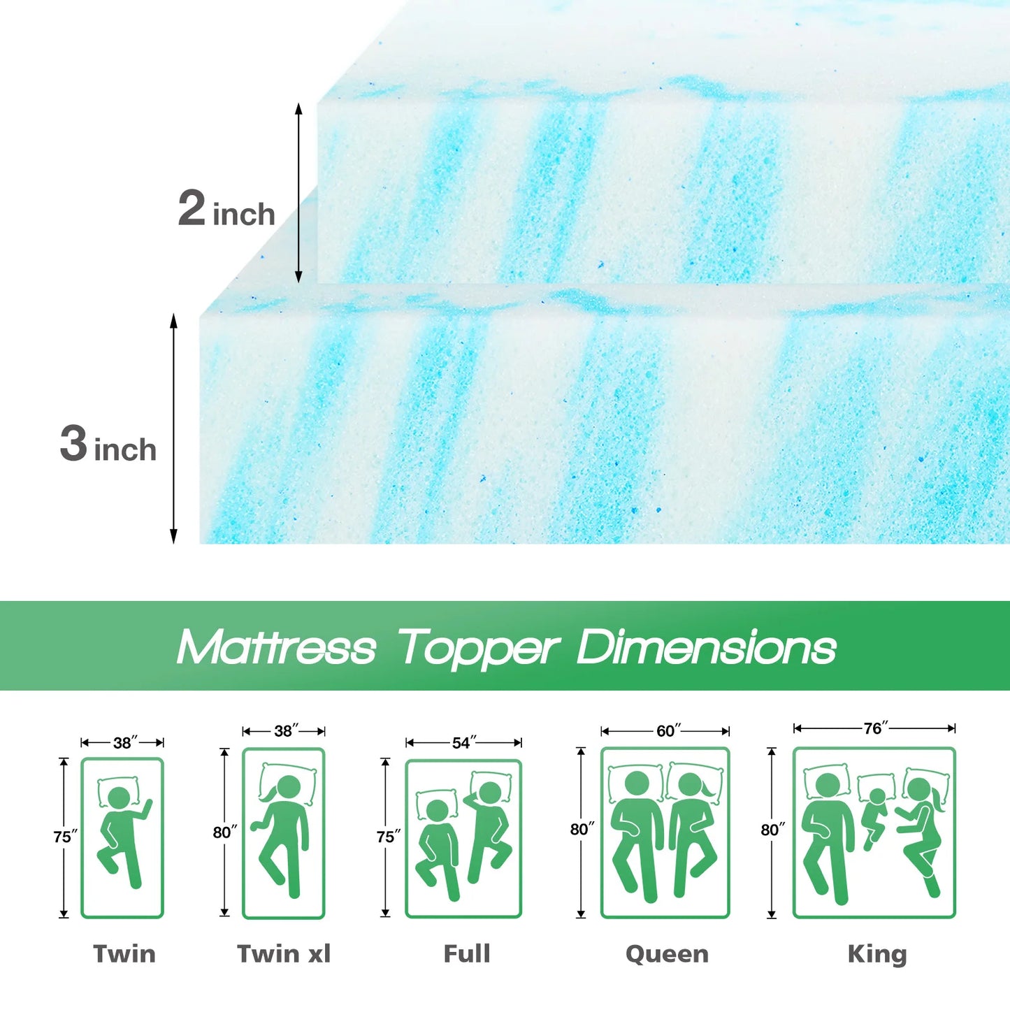 JHK Memory Foam Mattress Topper Gel Cooling Soft And Breathable
