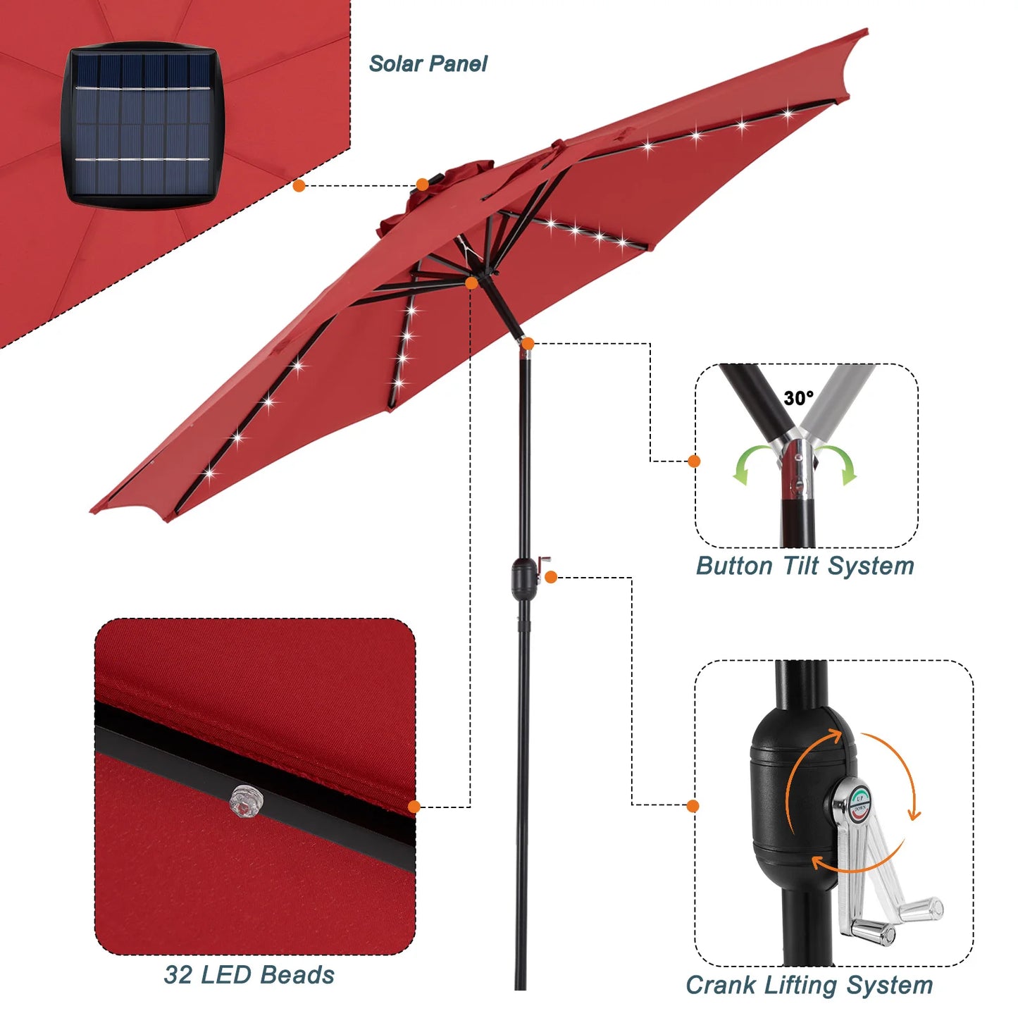 JHK Solar Patio Umbrella With 32 LED Lights Tilt And Crank