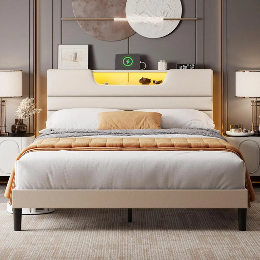 Modern Upholstered Platform Bed With Headboard Charging Station And LED