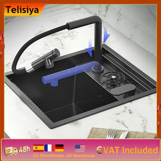 Telisiya Stainless Steel Hidden Kitchen Sink With Lid Space Saving
