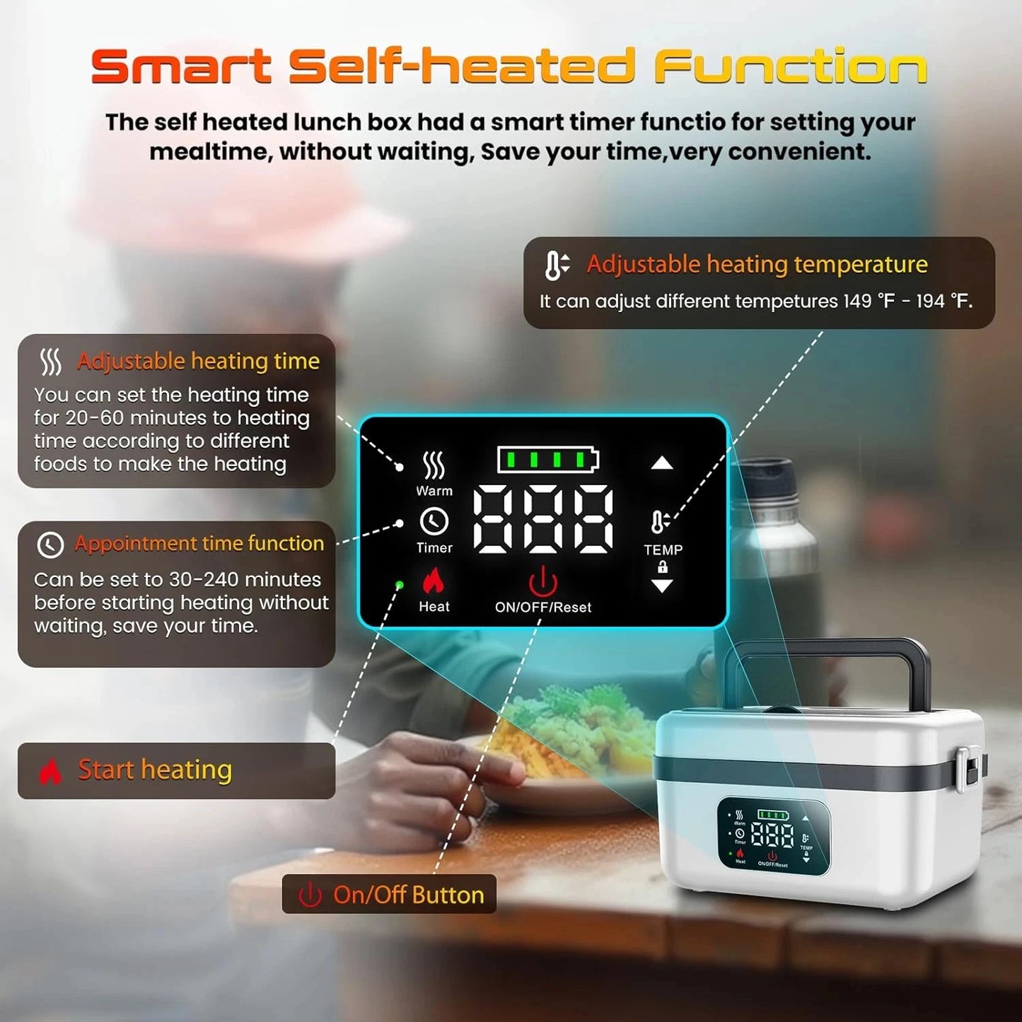 Wireless Heated Lunch Box With 8000mAh Battery And 60W
