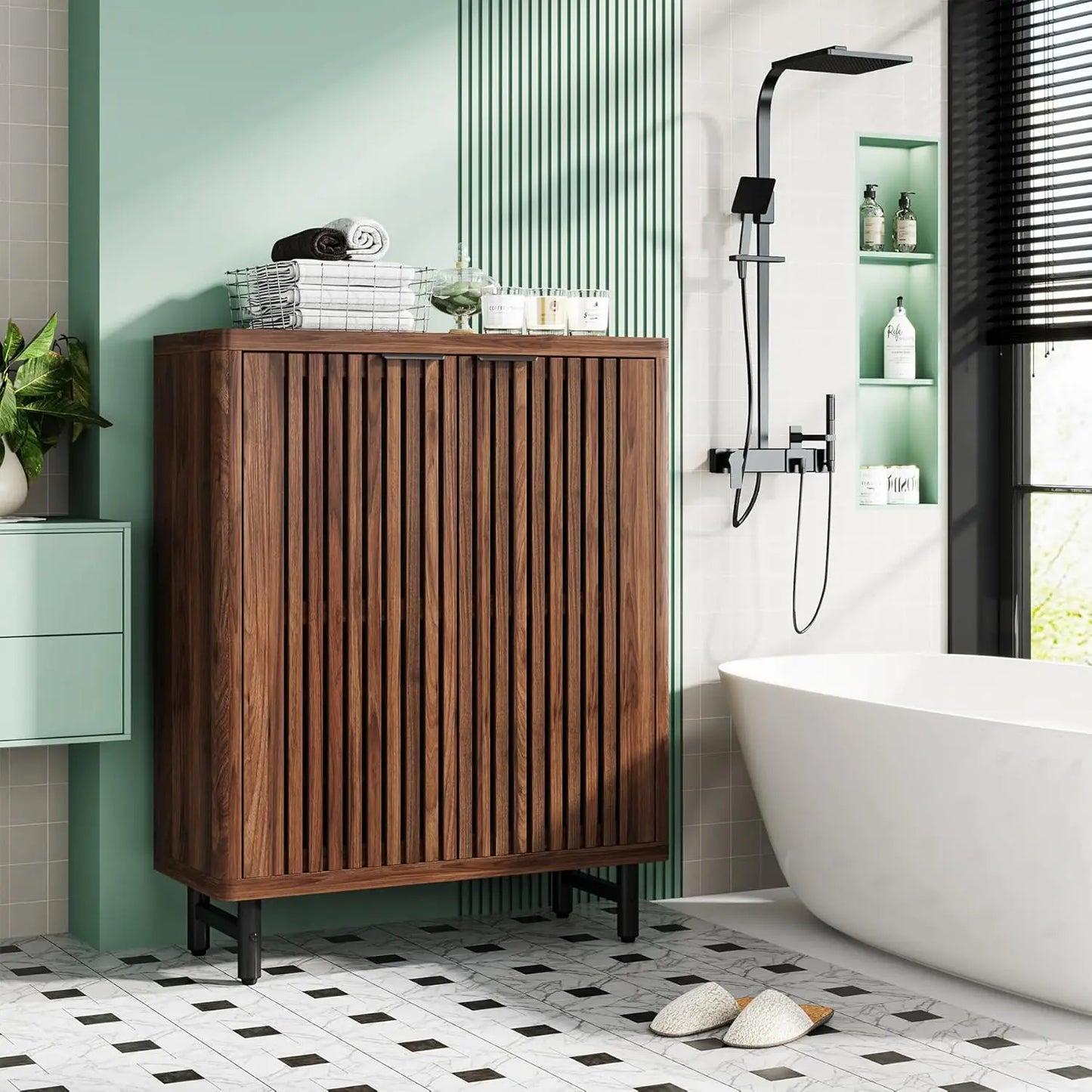 Six-Tier Wooden Bathroom Floor Cabinet With Louver Doors